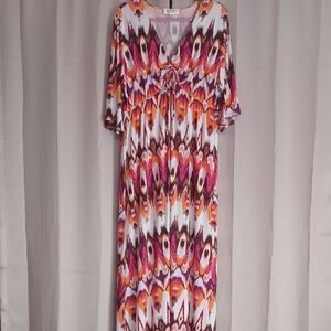 Nikki Poulos Abstract Maxi Dress Bell Sleeves Ruched Bust Empire Waist V Neck